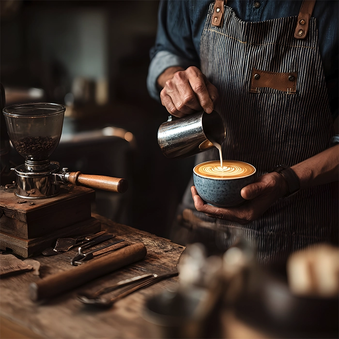 Barista wearing a denim shirt and striped apron pours steamed milk from a metal pitcher into a ceramic cup, creating latte art on a freshly made coffee, with a vintage coffee grinder and tools on a wooden counter nearby.