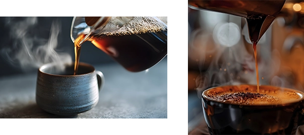 Hot coffee being poured from a glass carafe into a small ceramic mug, with visible steam rising against a dark, minimalist background.