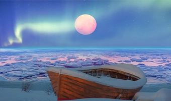 Wooden cabin under northern lights above a snowy landscape.