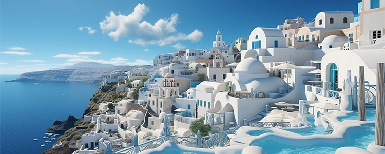 Sunlit coastal town with white buildings above a blue bay.