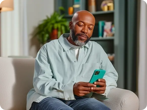 Man at home checking his finances on a mobile phone.