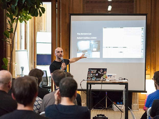 giving a presentation at a meetup tech event