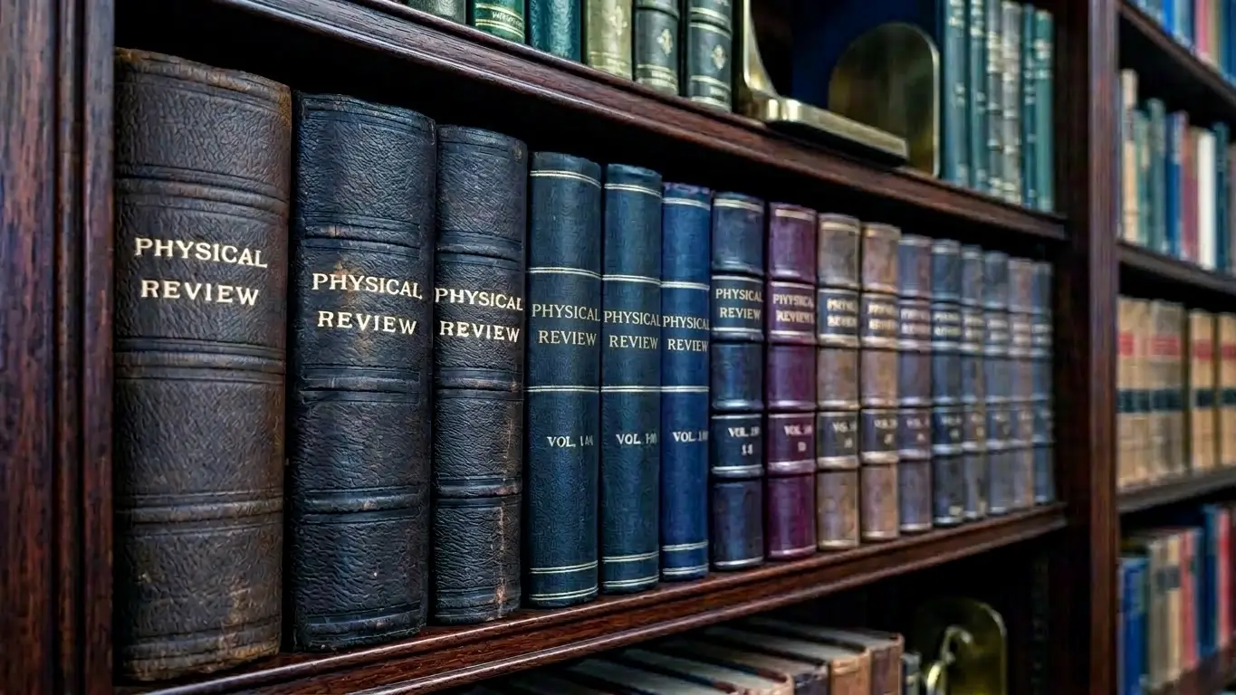 Row of antique leather-bound Physical Review journals in various colors on wooden bookshelf in library.