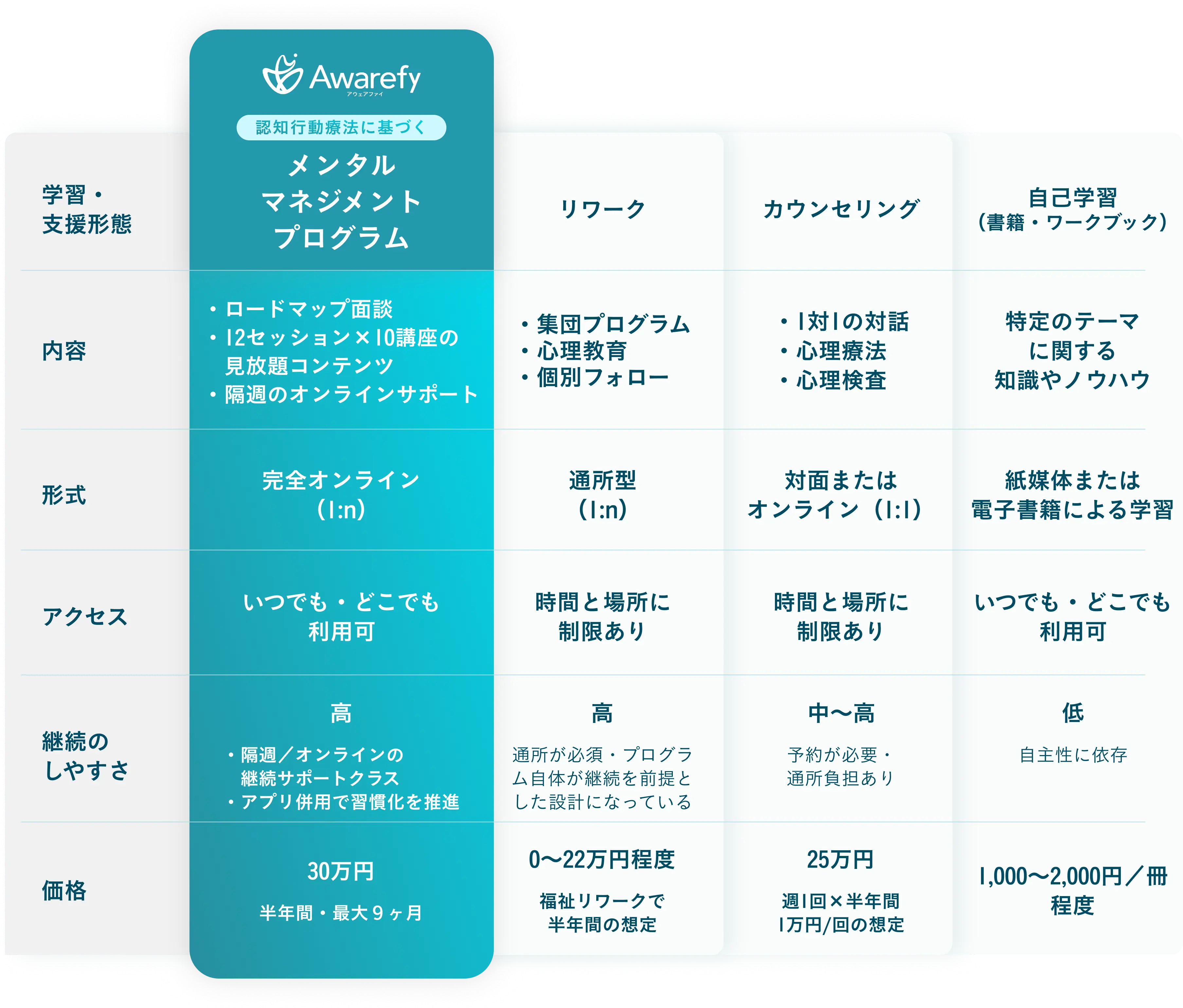 他の学習・支援形態との比較表