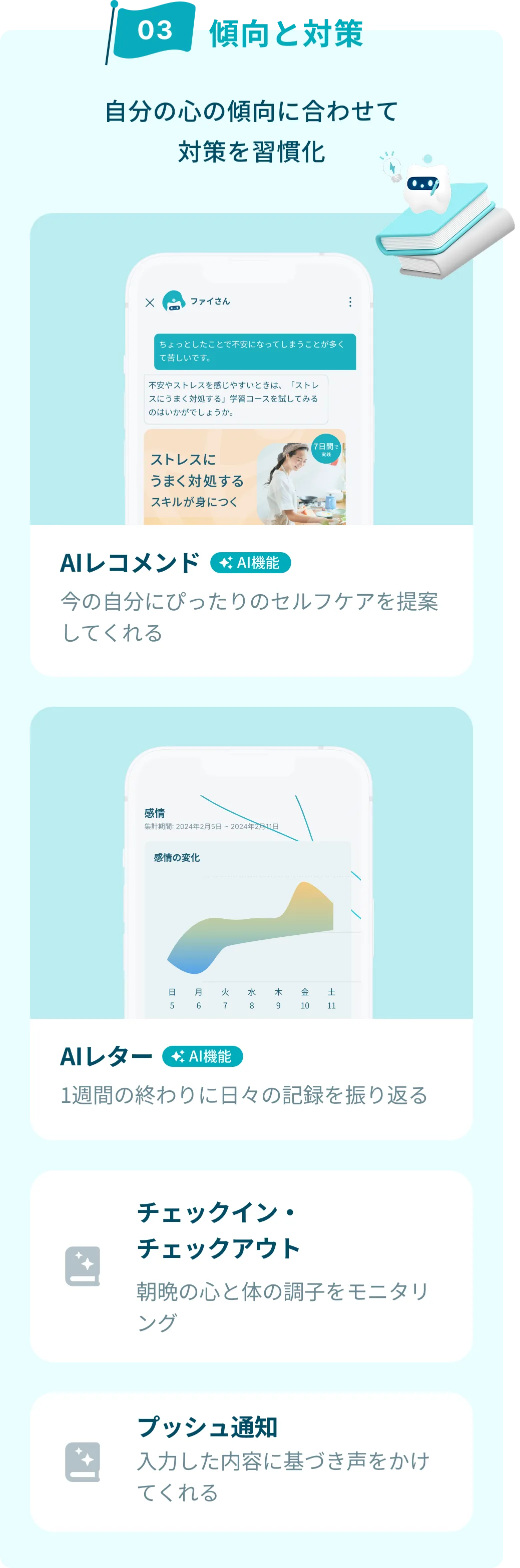 傾向と対策ができるアプリ機能の紹介。自分の心の傾向に合わせて対策を習慣化。AIレコメンド：今の自分にぴったりのセルフケアを提案してくれる。AIレター：1週間の終わりに日々の記録を振り返る。チェックイン・チェックアウト：朝晩の心と体の調子をモニタリング。プッシュ通知：入力した内容に基づき声をかけてくれる