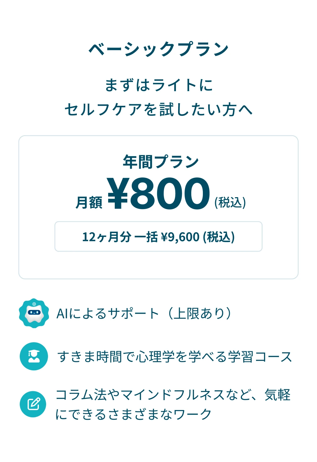 ベーシックプラン：まずはライトにセルフケアを試したい方へ。年間プラン月額800円（税込）。12ヶ月分一括9600円（税込）。AIによるサポート（上限あり）。隙間時間で心理学を学べる学習コース。コラム法やマインドフルネスなど、気軽にできる様々なワーク。