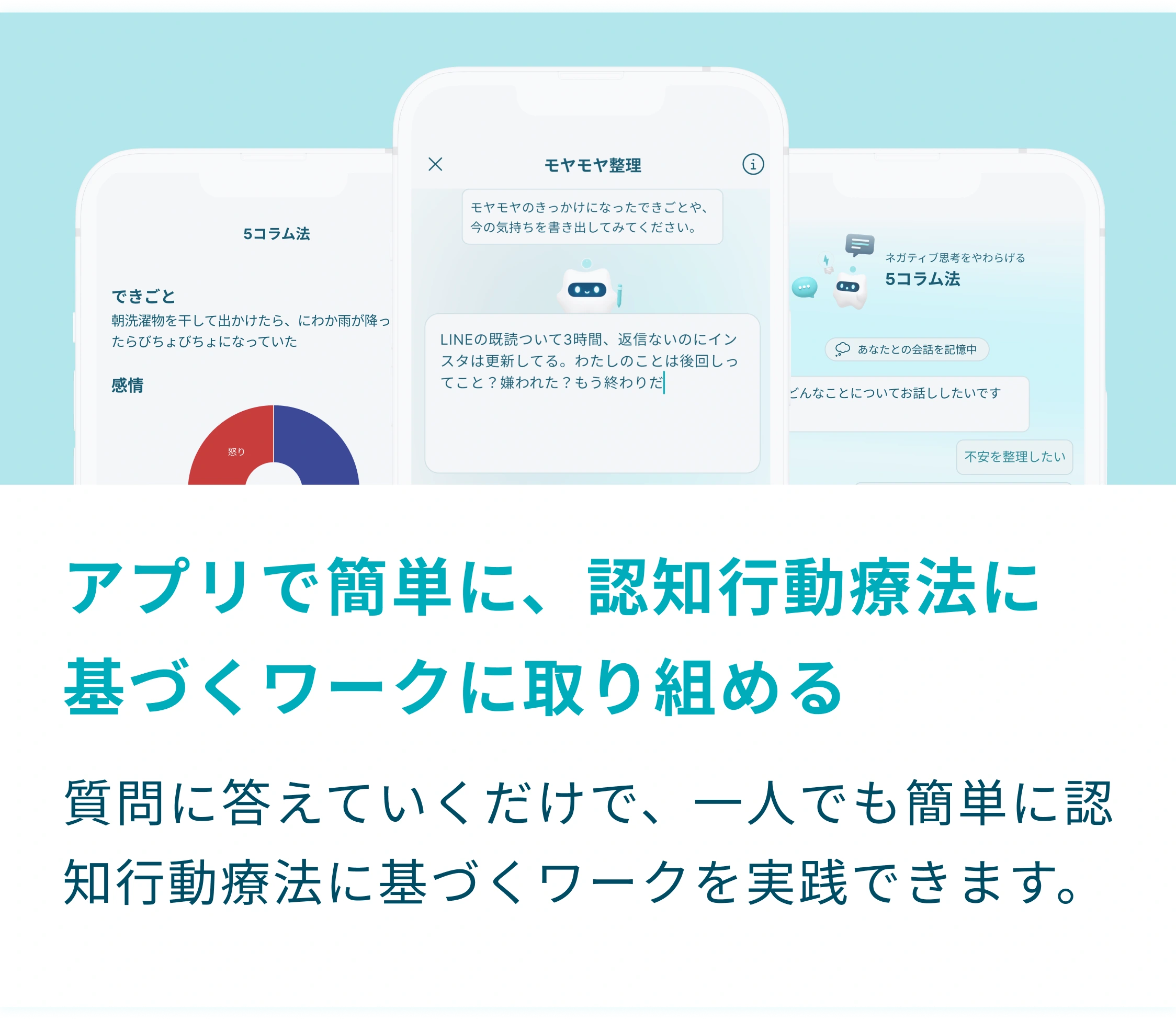 アプリで簡単に、認知行動療法に基づくワークに取り組める　質問に答えていくだけで、一人でも簡単に認知行動療法に基づくワークを実践できます