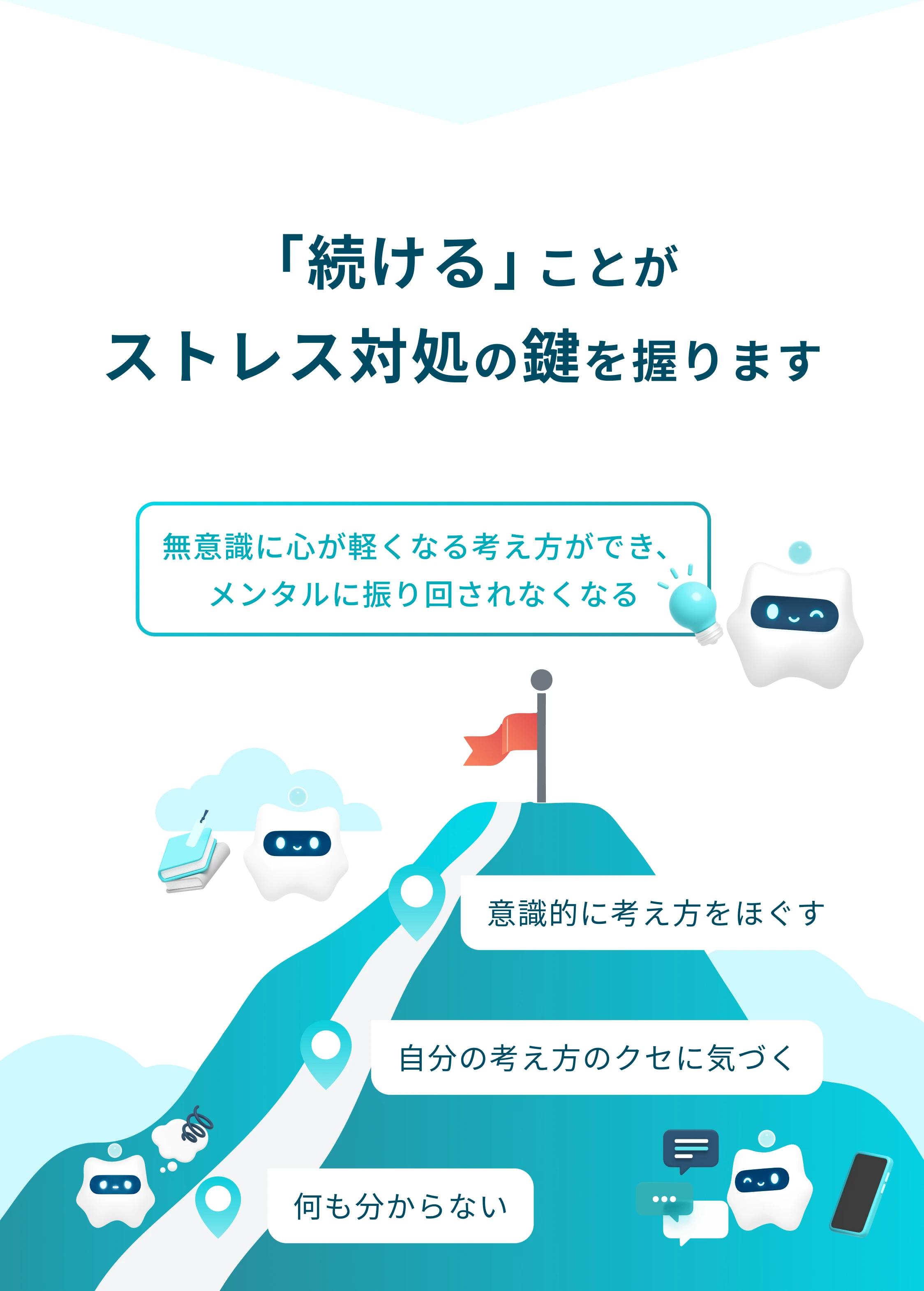 続けることがストレス対処の鍵を握ります。認知行動療法の効果が期待できる期間は平均4ヶ月ほど。何もわからない状態から、自分の考え方の癖に気づき、意識的に考え方をほぐすトレーニングを続けることで、無意識に心が軽くなる考え方ができ、メンタルに振り回されなくなります。